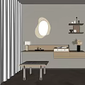 Modern Minimalist Dressing Table Interior With Decorative Mirror Wall Shelves And Wooden Stool