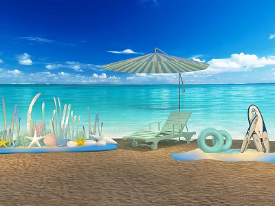 Scenic Beach Photo Spot With Blue Ocean Sky Umbrella Deck Chair And Surfboard Decorations 3d model