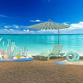 Scenic Beach Photo Spot With Blue Ocean Sky Umbrella Deck Chair And Surfboard Decorations