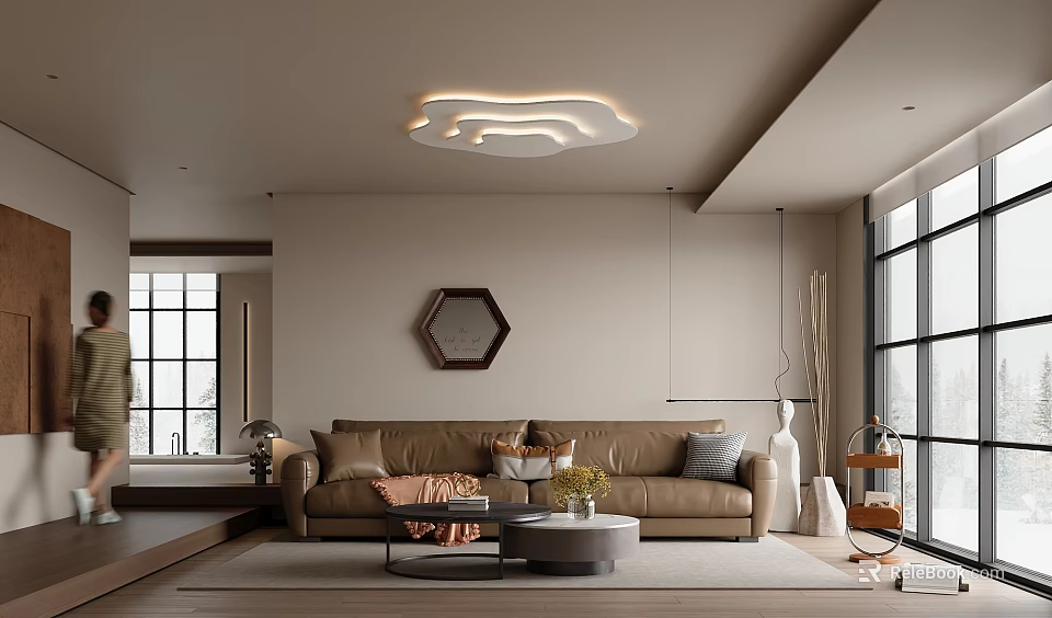 Modern Living Room Interior With Beige Walls Hexagonal Painting Brown Sofa And Round Coffee Table 3d model 
