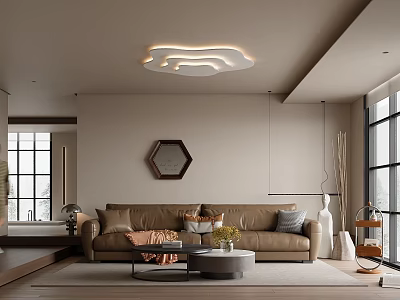 Modern Living Room Interior With Beige Walls Hexagonal Painting Brown Sofa And Round Coffee Table 3d model
