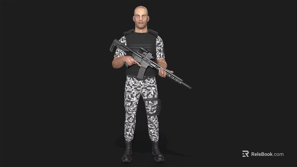 Man Wearing Camouflage Uniform Holding Rifle With Tactical Vest And Black Boots 3d model 