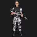 Man Wearing Camouflage Uniform Holding Rifle With Tactical Vest And Black Boots