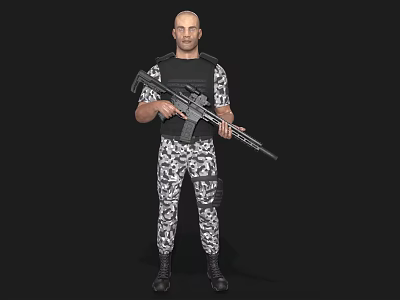 Man Wearing Camouflage Uniform Holding Rifle With Tactical Vest And Black Boots 3d model