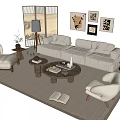 Japanese Style Sofa and Coffee Table Set with Armchairs Decorative Paintings and Floor Lamp