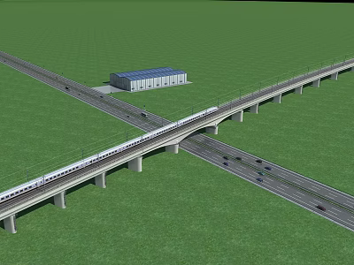 Bridge with High-Speed Train Over Crossing Roads Near Blue Roof Building in Green Fields 3d model