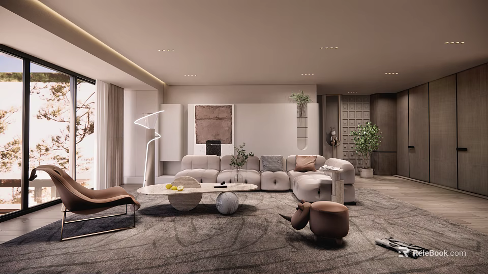 Modern Elegant Living Room Interior With Comfortable Sofa Coffee Table Floor Lamp And Green Plants 3d model 