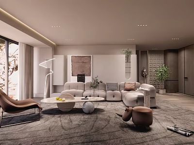 Modern Elegant Living Room Interior With Comfortable Sofa Coffee Table Floor Lamp And Green Plants 3d model