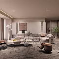 Modern Elegant Living Room Interior With Comfortable Sofa Coffee Table Floor Lamp And Green Plants