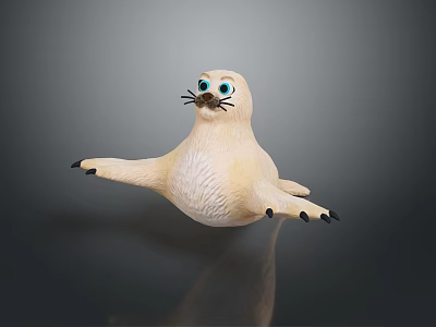 White Seal Toy Figure With Blue Eyes Black Paws On Dark Reflective Background 3d model