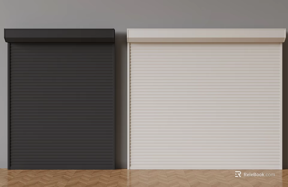 Black and White Roller Shutters Against Gray Wall With Wooden Floor Interior 3d model 