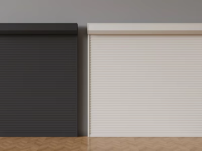 Black and White Roller Shutters Against Gray Wall With Wooden Floor Interior 3d model