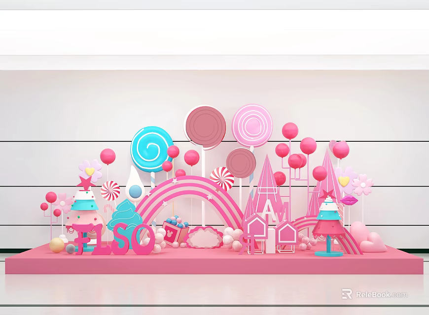 Playful Colorful Window Display Decoration With Large Lollipops Balloons Rainbow And BISO Letters 3d model 