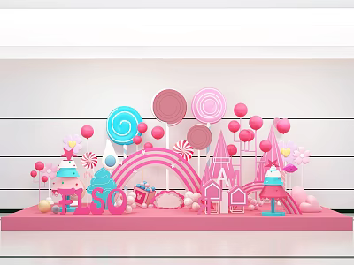 Playful Colorful Window Display Decoration With Large Lollipops Balloons Rainbow And BISO Letters 3d model