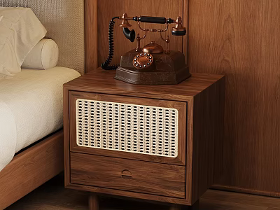 Wooden Nightstand With Rattan Drawer And Vintage Telephone On Bedroom Side 3d model