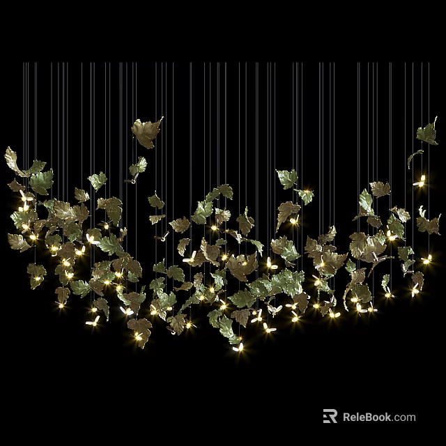 Leaf Shaped Illuminated Chandelier With Hanging Lights Against Black Backdrop 3d model