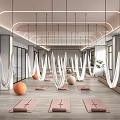 Modern Yoga Studio With Aerial Hammocks Yoga Mats And Orange Exercise Balls