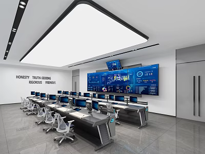 Modern High Tech Conference Room With Large Digital Screens Computers Control Stations And Ergonomic Chairs 3d model