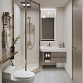 Modern Bathroom Interior Design With Shower Area Marble Vanity Wooden Cabinet And Mirror