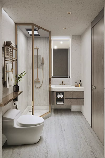 Modern Bathroom Interior Design With Shower Area Marble Vanity Wooden Cabinet And Mirror 3d model