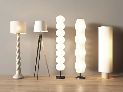 Modern Stylish Floor Lamps with Spiral Tripod Round Wave Cylinder Designs on Wooden Floor 3d model