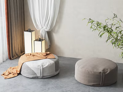 Stylish Round Poufs With Gray White And Solid Gray Design Orange Blanket Near Lanterns Curtains Green Plant 3d model