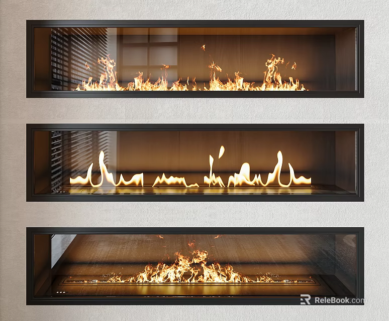 Modern Built In Fireplaces With Glass Front And Burning Flames On Light Wall 3d model 