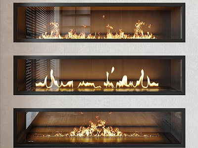 Modern Built In Fireplaces With Glass Front And Burning Flames On Light Wall 3d model