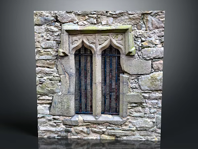 Ancient Stone Wall Featuring Gothic Window With Pointed Arch And Decorative Grilles 3d model