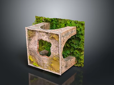 Textured Cube Shaped Concrete Building Structure With Openings And Green Moss 3d model