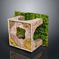 Textured Cube Shaped Concrete Building Structure With Openings And Green Moss