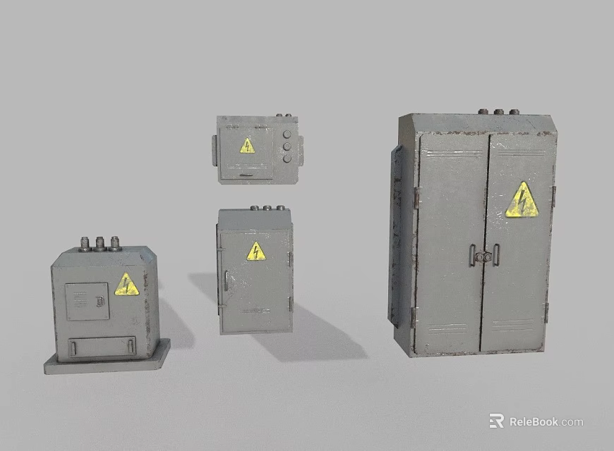 Industrial Control Cabinets With Warning Signs In Various Sizes And Designs 3d model 
