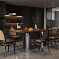 Modern Dining Table With Six Chairs Fruits Vase And Dark Kitchen Cabinets