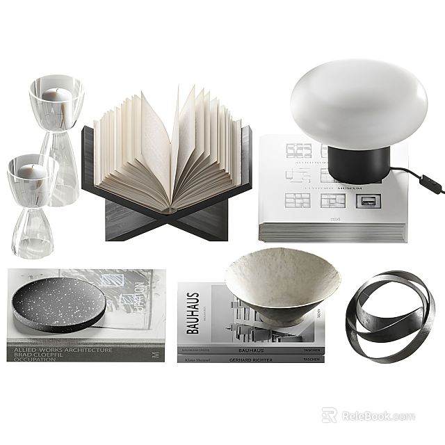 Modern Decorative Ornaments Set With Open Book Lamp Bowl And Circular Ring Decor 3d model 