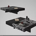 Two Tier Modern Coffee Table With Black White Marble Top And Decorative Books Sculptures