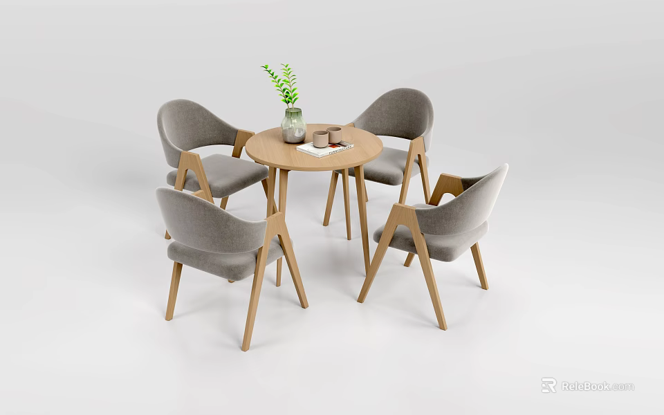 Gray Leisure Chairs With Wooden Legs Around Round Wooden Table And Green Plant Vase 3d model 