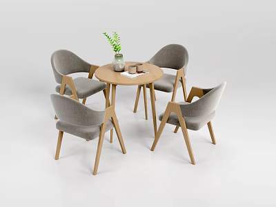 Gray Leisure Chairs With Wooden Legs Around Round Wooden Table And Green Plant Vase 3d model