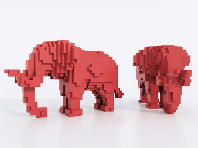 Decorative Ornament Set of Two Red Pixel Style Elephants for Home Decor 3d model
