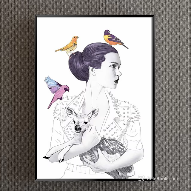 Woman Portrait With Purple Bun Hairstyle Baby Deer in Arms Three Birds Yellow Purple Pink 3d model 
