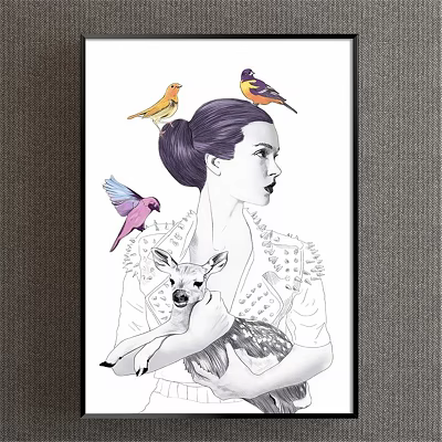 Woman Portrait With Purple Bun Hairstyle Baby Deer in Arms Three Birds Yellow Purple Pink 3d model