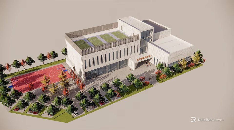 Modern Public Building With Glass Windows Rooftop Sports Area Red Track And Green Landscaping 3d model 