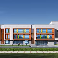 Modern School Building With Colorful Facades Glass Windows And Front Lawn Pathway