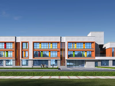 Modern School Building With Colorful Facades Glass Windows And Front Lawn Pathway 3d model