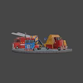 Colorful Utility Vehicles Including Blue Orange Red Concrete Mixer And Dump Trucks