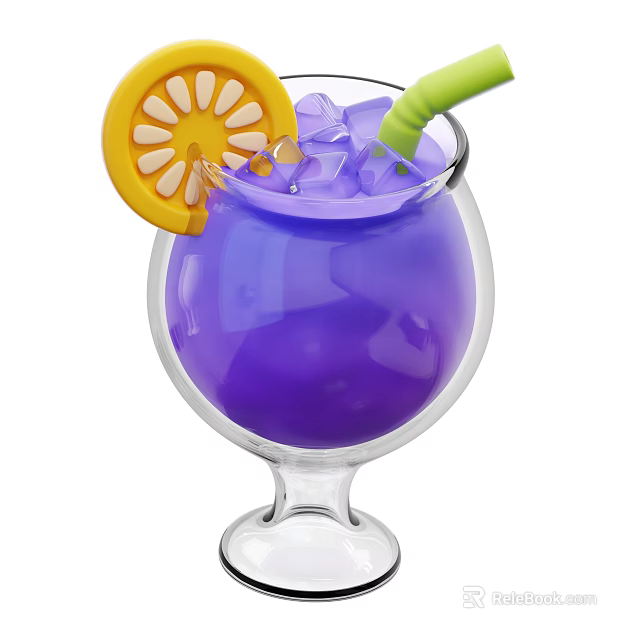 Refreshing Purple Drink in Glass with Ice Cubes Lemon Slice and Green Straw 3d model 