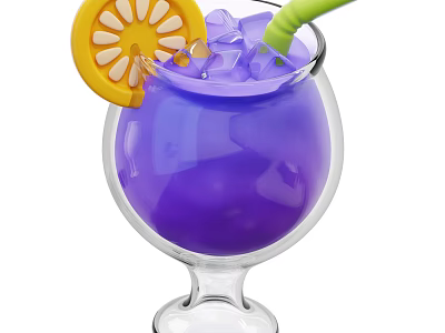 Refreshing Purple Drink in Glass with Ice Cubes Lemon Slice and Green Straw 3d model
