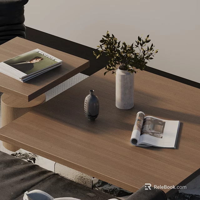 Sofa and Coffee Table Set with Magazines Vase and Green Plant in Modern Living Room 3d model 