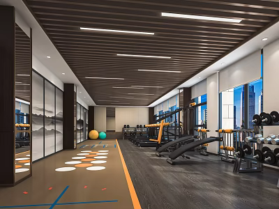 Modern Gym Interior With Fitness Equipment Mirrors Floor Markers And Lighting 3d model