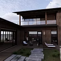 Modern Homestay Building Design With Courtyard Glass Doors And Wooden Elements