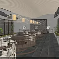 Traditional Chinese Restaurant Interior With Wooden Lantern Lights And Dining Furniture